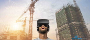 homem usando óculos de realidade virtual em um canteiro de obras