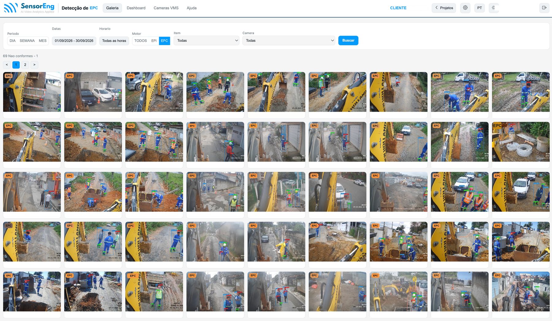 Galeria do sistema SensorEng com as fotos de cada ocorrência de EPC
