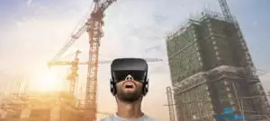 homem usando óculos de realidade virtual em um canteiro de obras